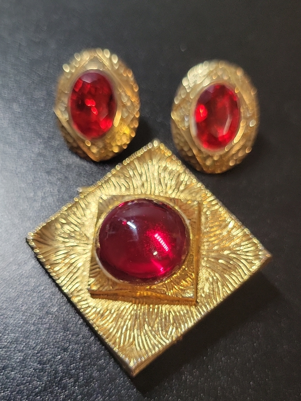 Gold-Tone Red Cabochon Brooch and Clip-On Earring Set